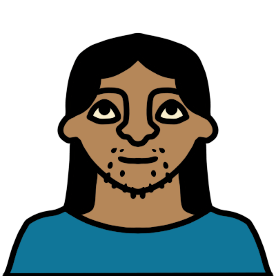 a head and shoulders portrait of a person with light brown skin, black long straight hair. their eyes are looking up and they have black stubble. they are wearing a blue t-shirt.